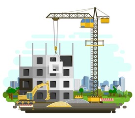 Construction of large city buildings. Residential houses and industrial objects. Lifting crane. Modern technologies and equipment. Isolated illustration vector