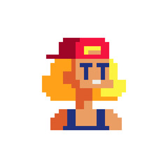 Sports girl blonde in a cap character. Pixel art. Flat style. Avatar, portrait, profile picture. Design of 80s. Game assets. 8-bit. Isolated vector illustration.