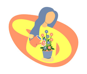 A cute girl admires and carefully watering beautiful flowers from a watering can