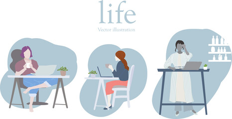 Vector decorative illstration of woman office worker sitting using laptop to work internet. Morandi color hand-painted fashion life, modern, popular style Stay at home