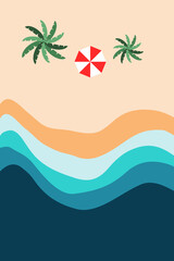 Fototapeta na wymiar Illustration of beach coastline with palm tree and umbrella.