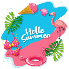 Hello Summer logo banner with beach items