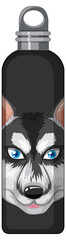 A black thermos bottle with siberian husky pattern