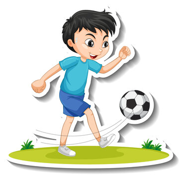 Cartoon character sticker with a boy playing football