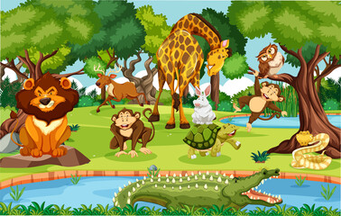 Different animals in the forest scene