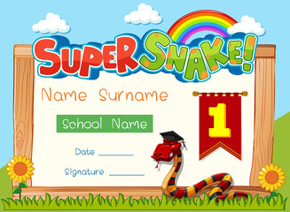 Diploma or certificate template for school kids with super snake cartoon character