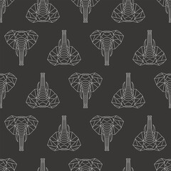 Seamless pattern wiht geometric elephants. Dark gray background with heads elephants. Print for fabric. Vector illustration.	