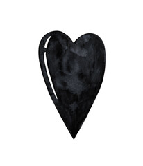 Black heart clip art isolated on white background. Watercolor heart shape illustration. Halloween design element.