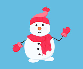 Snowman in red hat, scarf and gloves.