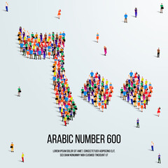large group of people form to create the number 600 or Six Hundred in Arabic. People font or Number. Vector illustration of Arabic number 600.