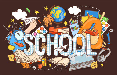 Back to School horizontal banner with hand-drawn stationery and other school subjects. Education Concept. Vector illustration. Doodle style.