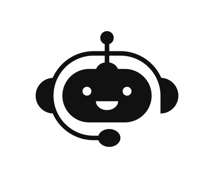 Chatbot icon. Support bot. Cute smiling robot with headset. The symbol of an instant response from the support service. Mobile helper icon. Vector illustration isolated on white background.