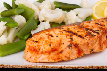 salmon, Provence herbs, lemon, cauliflower, with runner beans