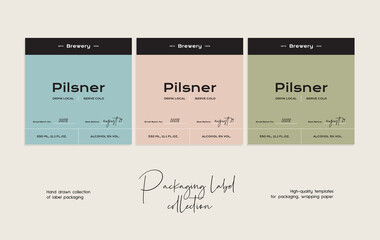 Hand drawn line art food vector packaging label design template. Boho style illustration of elegant signs and badges for cafe, restaurant, food and drinks products.
