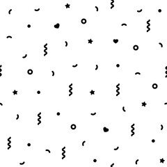 Party ornament with stars, hearts and confetti on white background.