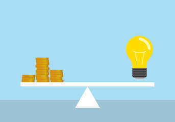 Electricity price concept. Lit light bulb and money on a scale. Isolated vector