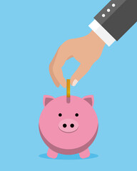 Savings concept. Man hand putting coin into piggy bank. Isolated vector