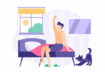 Man wakes up in morning. Young guy stretches on bed. Open window with rising sun. Joyful dog wags its tail with hint of walk. Awakening for new deeds and achievements. Vector flat illustration