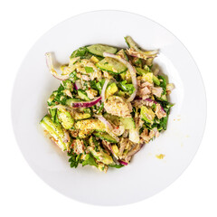 Healthy salad of avocado, cucumber, onion and canned tuna pieces in a plate close-up, top view, isolated on white background
