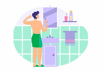 Man is brushing his teeth in bathroom. Guy in green towel stands in front of mirror with toothbrush. Morning invigorating hygiene procedures before work. Vector flat illustration