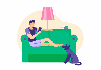 Man is resting on couch with smartphone. Male character is lying on green sofa and watching online video. Dog lies next to him on floor. Relaxation after working day. Vector flat illustration