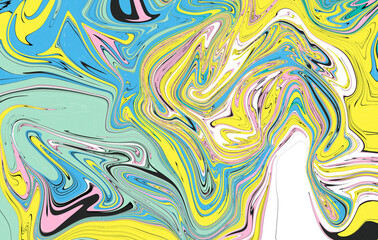 Abstract wavy vibrant facture. Splashed liquid paints. Psychedelic trippy effect. Distortion. Creative graphic design. Colorful artistic illustration. Digital art. Wallpapers for desktop.
