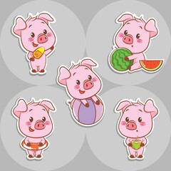 set of a cute pig summer sticker concept