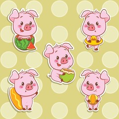 set of a cute pig summer sticker concept