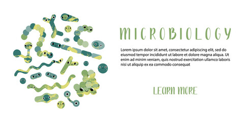 Happy cute bacteria character with smiling face. Funny kind kawaii microorganism: coccus, bifidobacterium, clostridium, streptococcus, spirillum, corynebacterium. Vector flat cartoon illustration