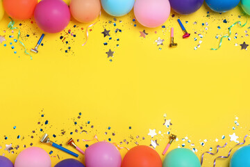 Flat lay composition with birthday decor on yellow background, space for text