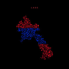 Laos flag map, chaotic particles pattern in the Laotian flag colors. Vector illustration