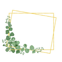 Golden frame with eucalyptus leaves. A greeting card. An invitation card. Wedding elements. An illustration for printing.