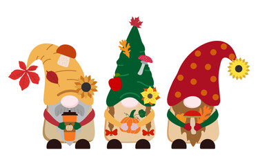 Cartoon flat vector gnomes in bright colors with orange pumpkin, spice latte cup, forest mushrooms, sunflowers, leaves. Isolated on white background.