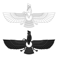 vector monochrome icon with ancient  sumerian symbol Faravahar for your project