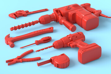 Isometric view of monochrome construction tools for repair on blue and red