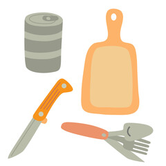 Set for cooking outdoor. Canning food, folding knife, spoon and fork. Cutting board. Camping equipment.