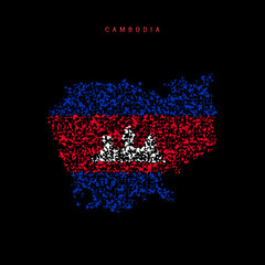 Cambodia flag map, chaotic particles pattern in the Cambodian flag colors. Vector illustration