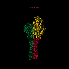 Benin flag map, chaotic particles pattern in the Dahomey flag colors. Vector illustration