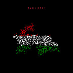 Tajikistan flag map, chaotic particles pattern in the Tajik flag colors. Vector illustration