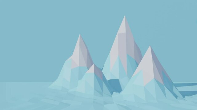 3d animation background with mountains. Low poly winter landscape. 4k video 3d rendering for backdrop 3840x2160. Abstract motion graphic.