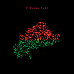 Burkina Faso flag map, chaotic particles pattern in the Burkina Faso flag colors. Vector illustration