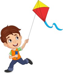 Cartoon happy little boy playing a kite 