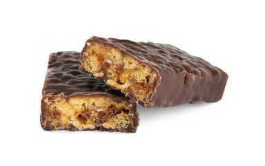 Halves of tasty chocolate glazed protein bar on white background
