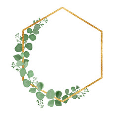 Golden frame with eucalyptus leaves. A greeting card. An invitation card. Wedding elements. An illustration for printing.