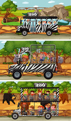 Set of different safari horizontal scenes with animals and kids cartoon character