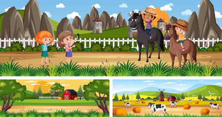 Set of outdoor panoramic landscape with cartoon character