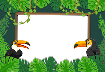 Obraz na płótnie Canvas Empty banner with tropical leaves frame and toucan cartoon character
