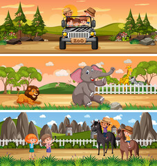 Outdoor panorama landscape scene set with cartoon character
