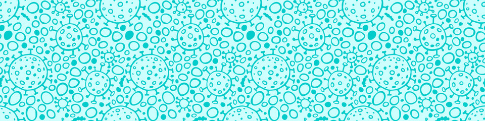 Seamless pattern of molecules, cells of virus, bacteria. Pandemic, epidemic covid-19. Primitive concept of chemistry, microorganisms, science research. Vector texture in outline doodle style isolated