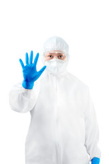 Health worker woman with a protective suit and gloves standing